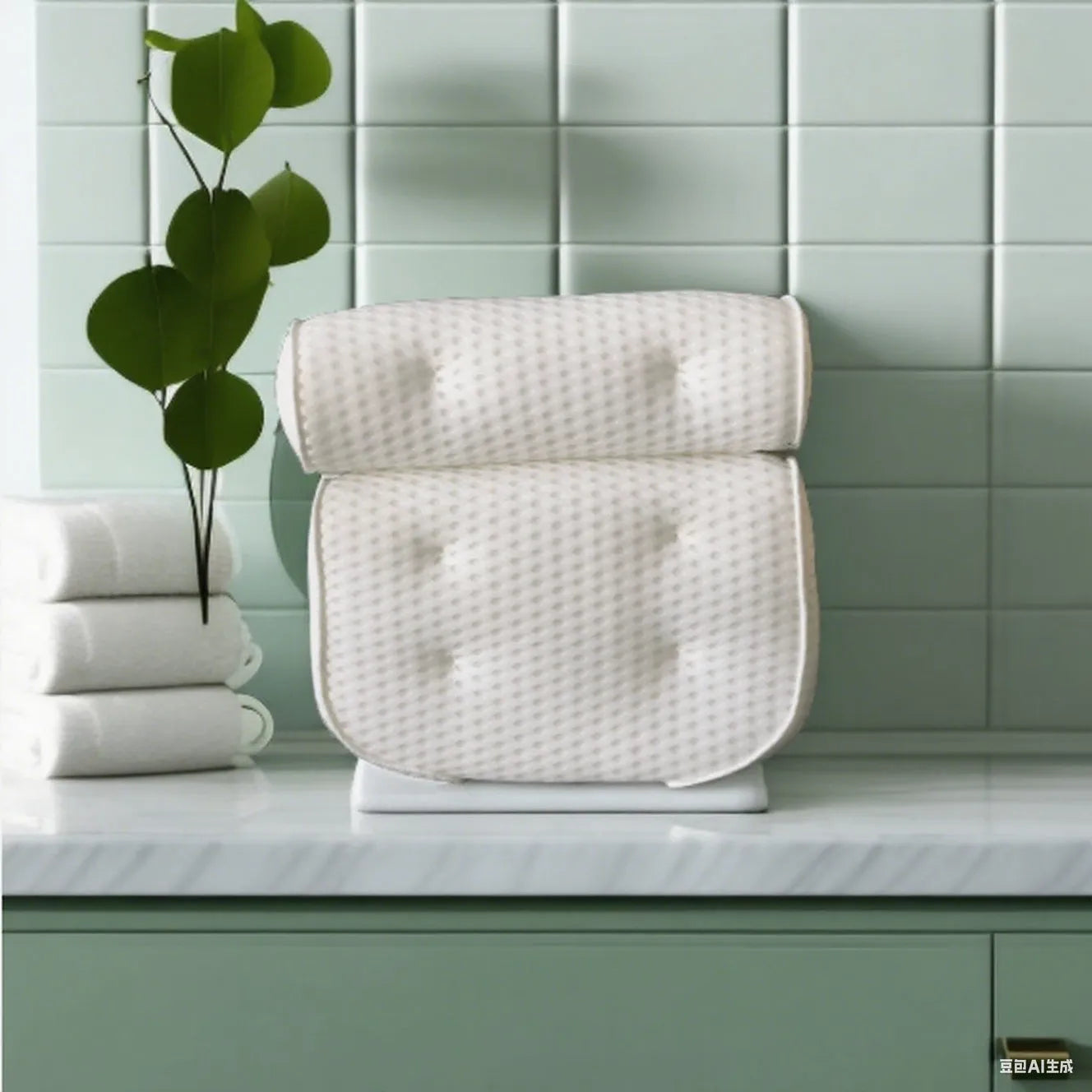White adult bathtub pillow with 4D mesh material and suction cups on a bath mat.