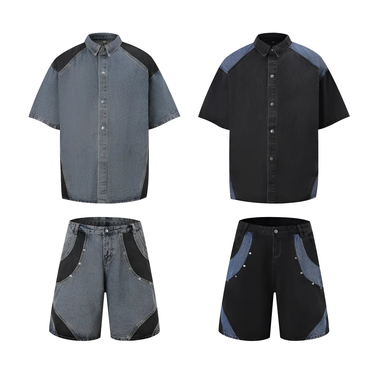 Retro washed denim short-sleeve jacket and matching jeans set in blue.
