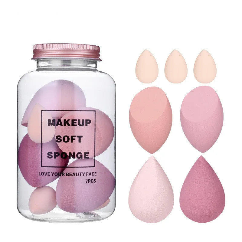 Drift Bottle boxed beauty egg 7 cans powder-free water-soft makeup sponges in taro purple, strawberry pink, mango yellow, and avocado green