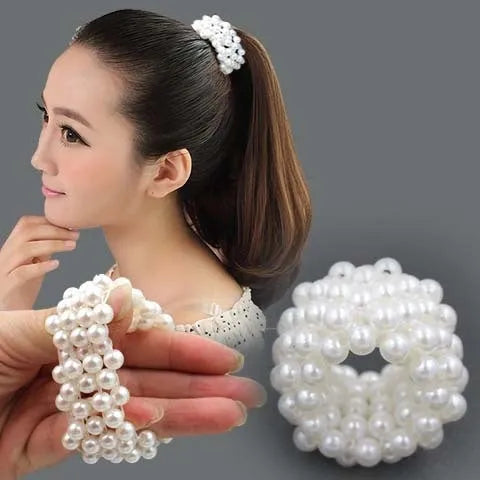 Fashion handmade beaded hair rope with imitation pearl beads in four colours black pink silver white