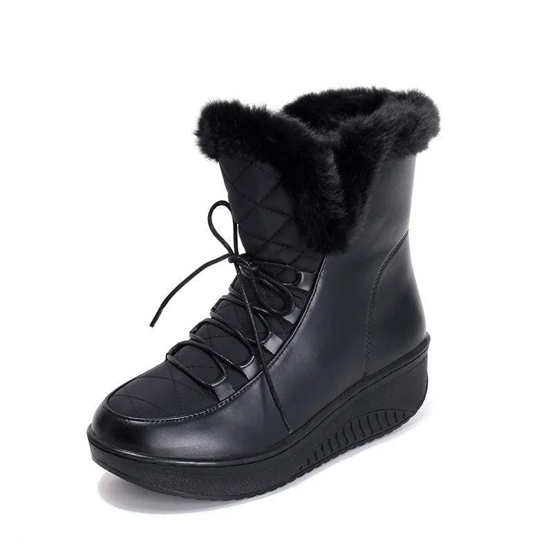 Black women's winter lace-up boots with a platform sole and plush lining.