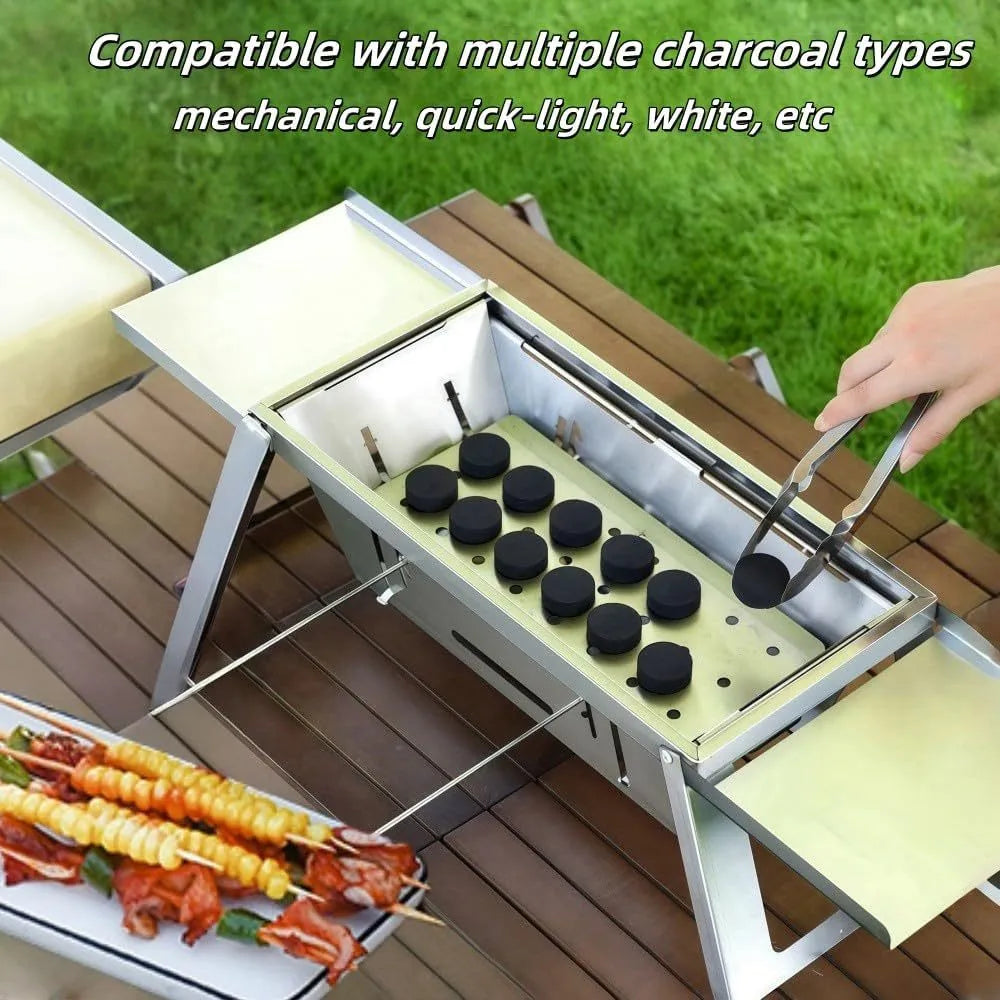 Small foldable portable charcoal grill shown in use and collapsed for storage.
