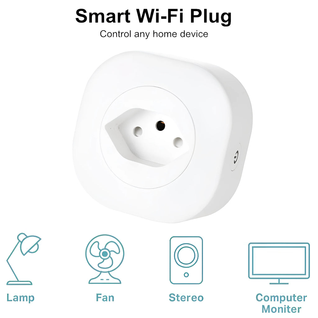 White smart socket plug with Wi-Fi logo, showing EU-style pins and compact 70mm square design.