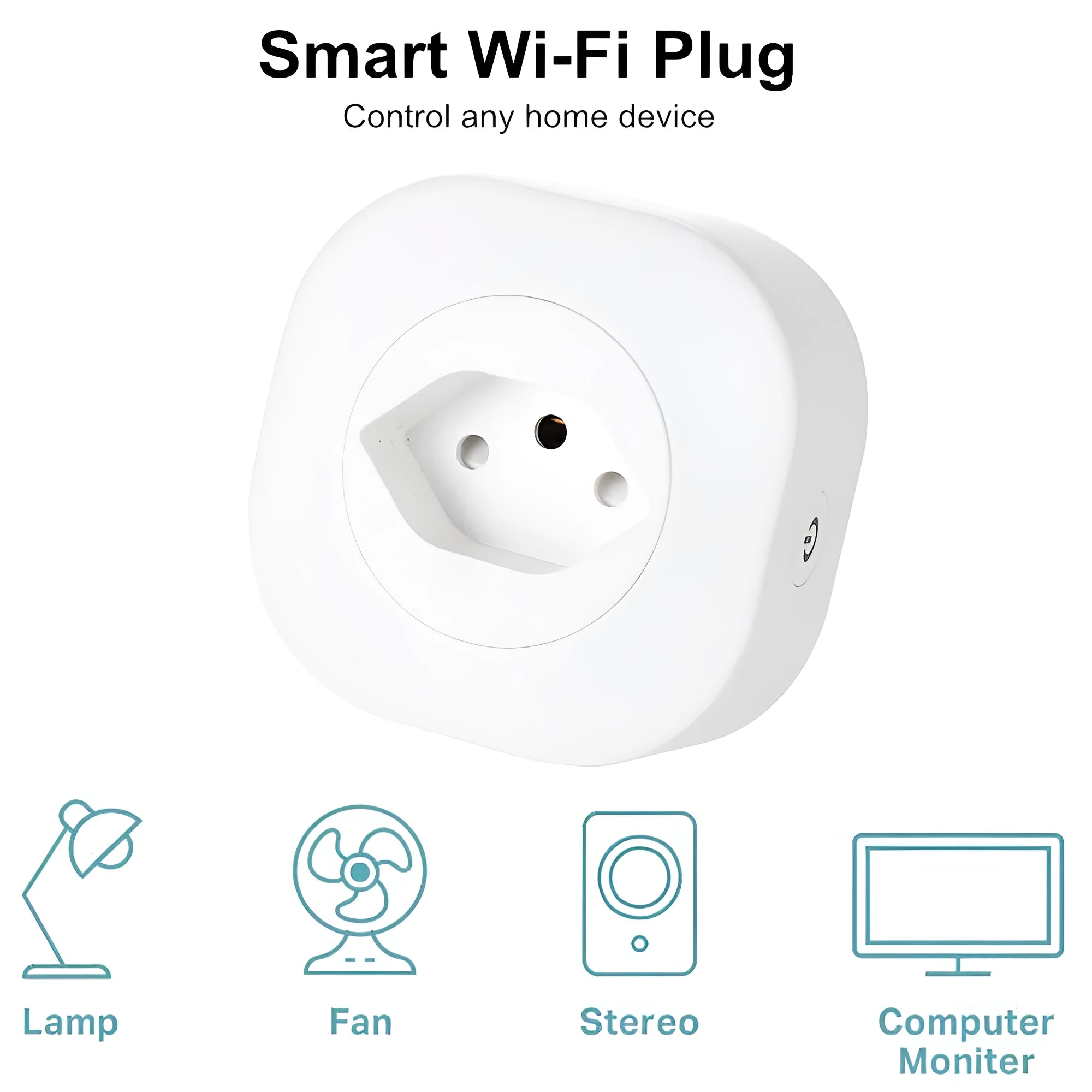 White smart socket plug with Wi-Fi logo, showing EU-style pins and compact 70mm square design.