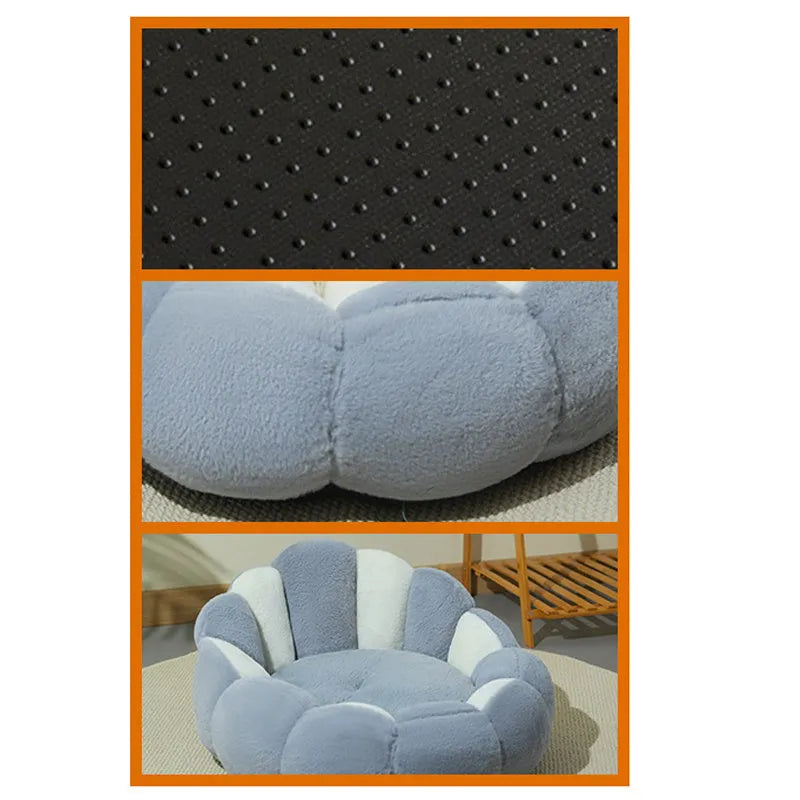 Grey-white shell nest pet bed with rabbit fur lining shown in three sizes for cats and dogs