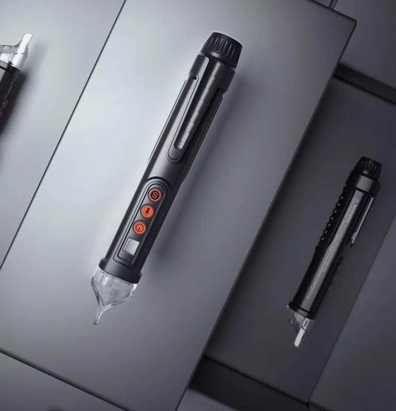 Intelligent multi-function line detection induction pen with sensor tip for electrical testing.