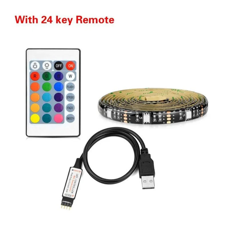 Flexible cuttable LED strip light with 30 beads per metre, bent to show adhesive backing for TV installation.