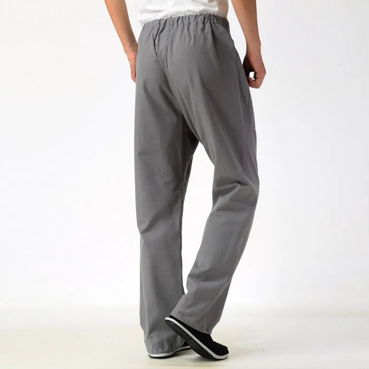 Men's solid colour pure cotton casual trousers with belt in mid waist design