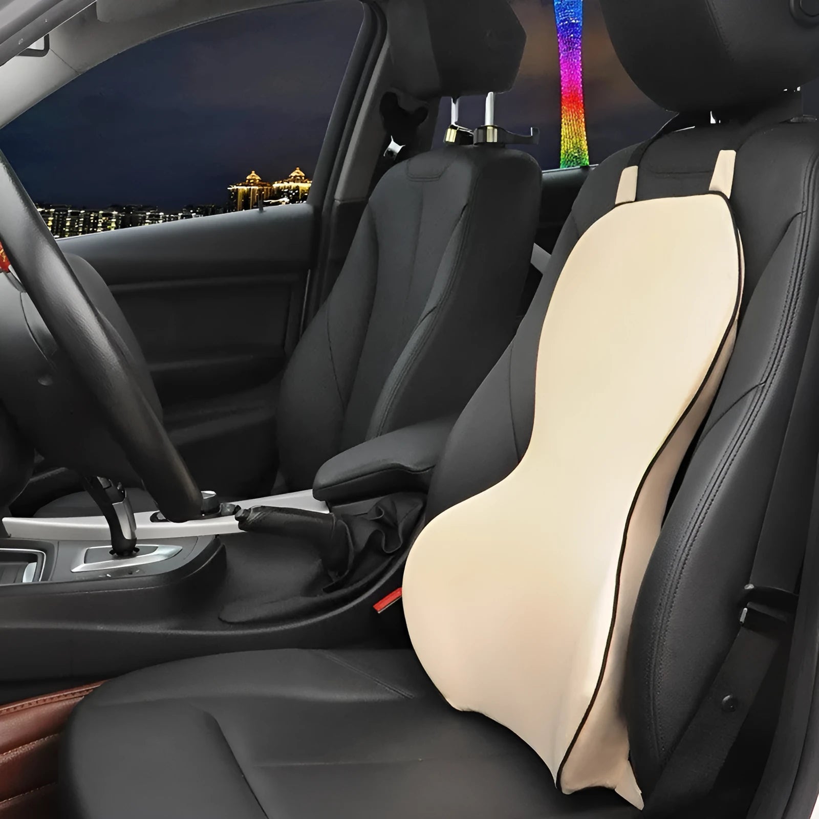 Black memory cotton car waist back cushion on vehicle seat showing lumbar support design