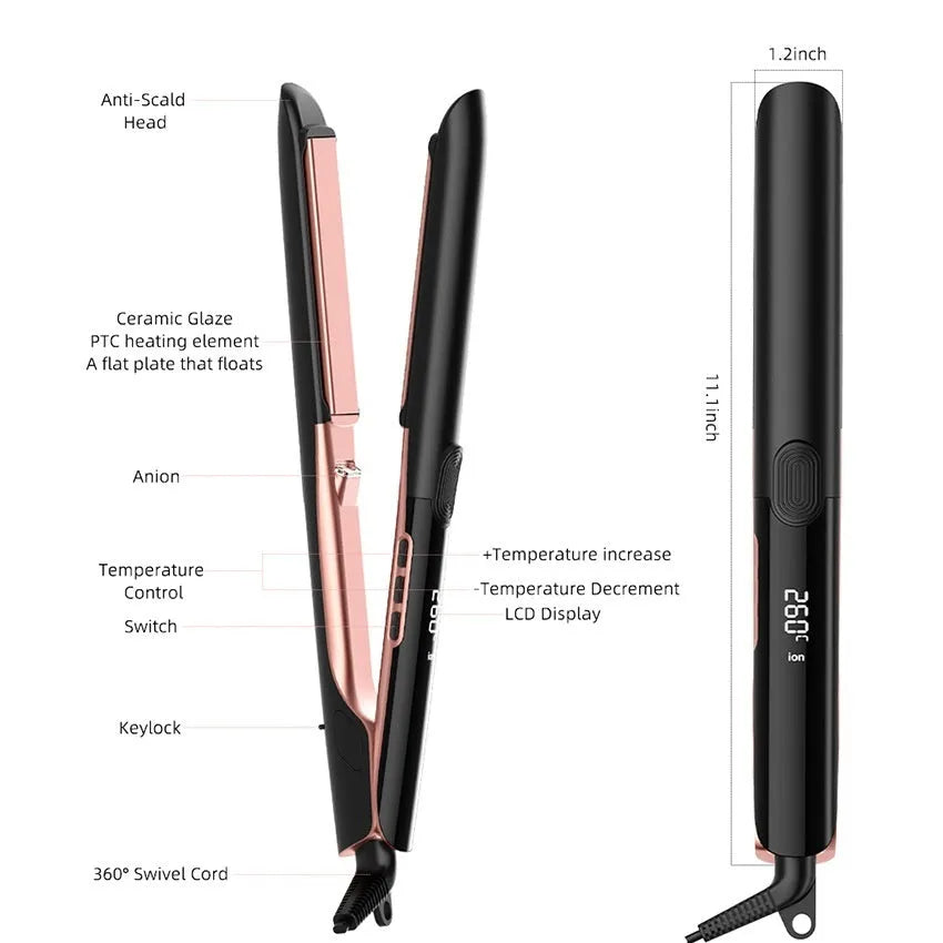 Anion hair straightener with ceramic plates showing temperature display and EU plug
