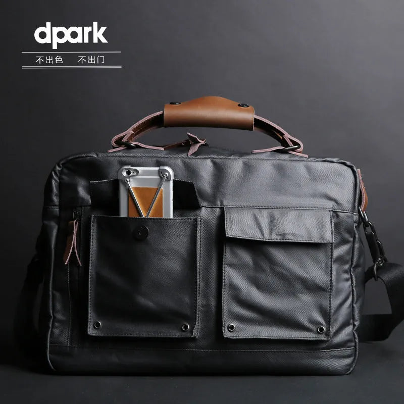 Dpark single shoulder slung laptop bag for 14-inch and 15-inch Lenovo and Apple laptops in black, brown, and khaki.
