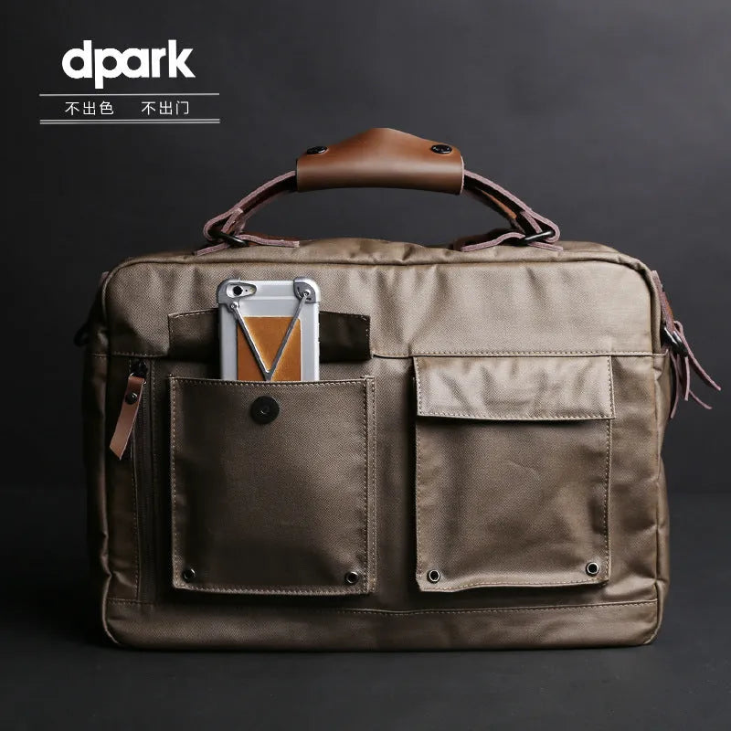 Dpark single shoulder slung laptop bag for 14-inch and 15-inch Lenovo and Apple laptops in black, brown, and khaki.