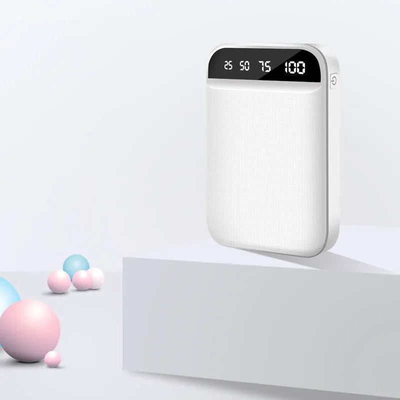 Mini portable power bank in black, blue, pink, or white with multiple USB ports.