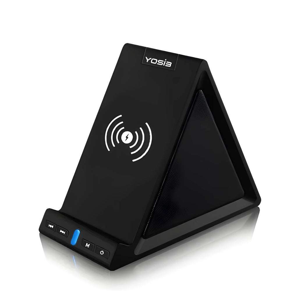 Black multifunctional Bluetooth speaker with integrated phone stand and wireless charging pad, showing size scale.