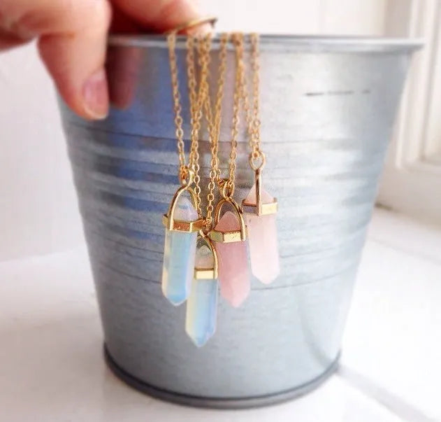 Crystal necklace with six corner column pendant in alloy and natural stone with iron chain
