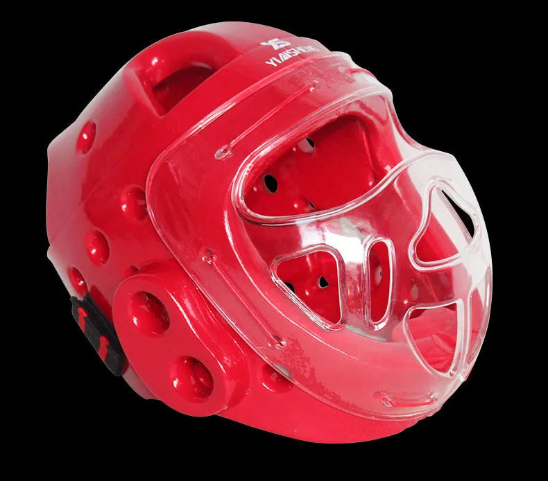 Karate helmet protective head equipment in white, blue, or red colours available in S, M, L, XL sizes