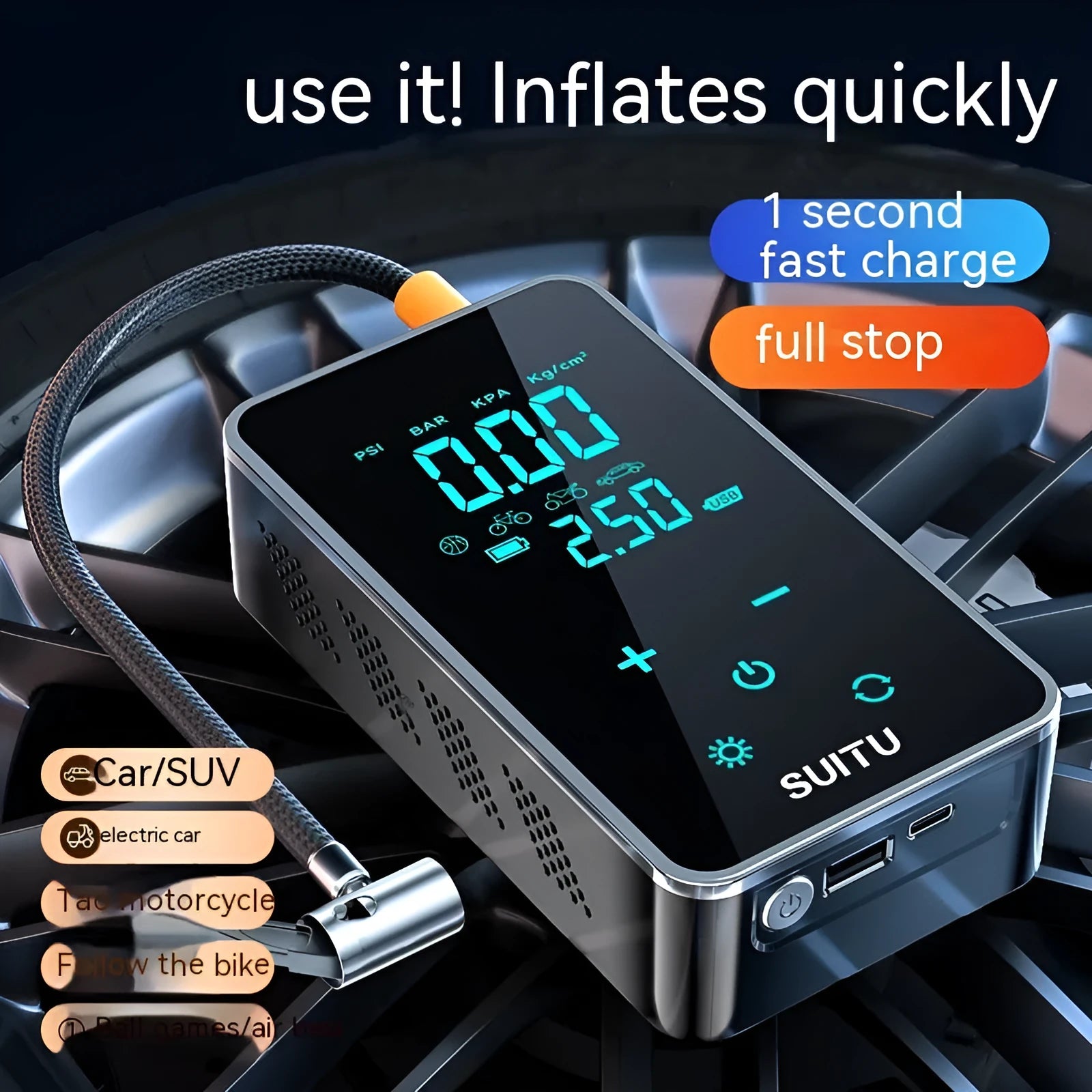ST-9616C portable wireless car tyre inflator with LCD screen and black hose on a grey background.