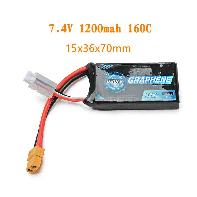 7.4V 1200mAh RC lithium battery pack with dimensions 15x36x70mm.