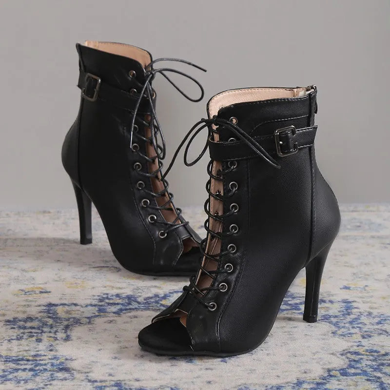Women's black PU peep toe high heel pumps with lace-up buckle front and back zipper