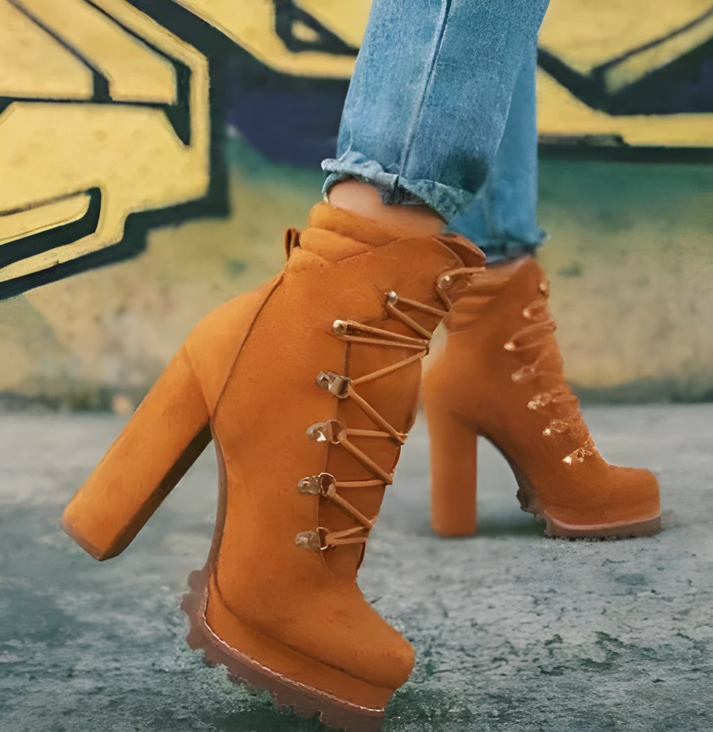 Women's suede high heel boots in army green with thick heel and round toe.