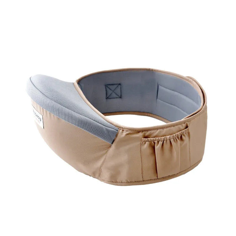 Baby carrier waist stool in cotton and polyester with padded waist belt, 35° hipseat and front zipper bag