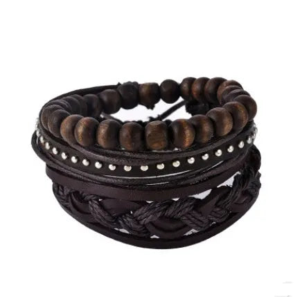 Handwoven adjustable leather bracelet with multilayer wooden beads and rope for a vintage punk style.