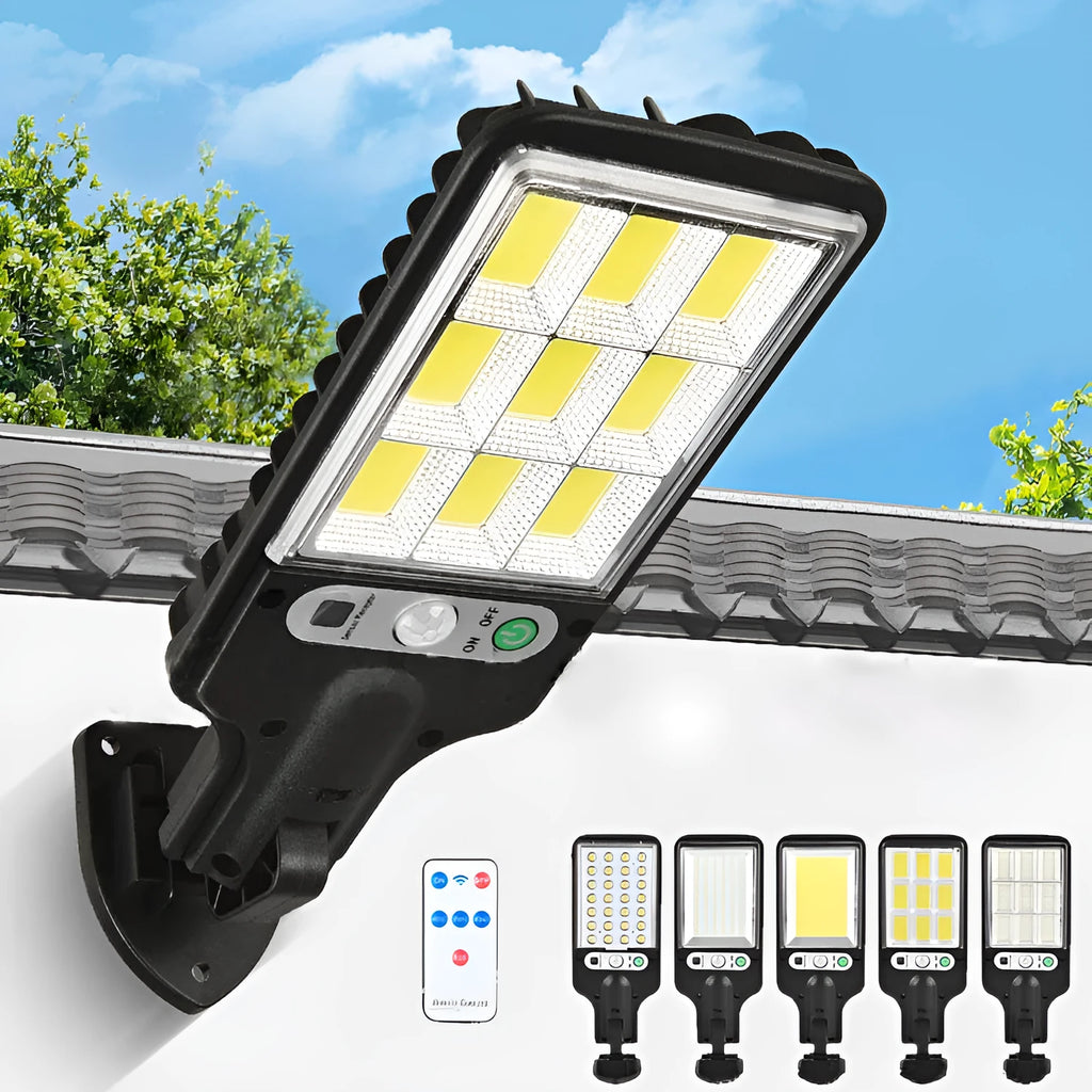 Outdoor solar LED wall lamp 28LED variant mounted on a garden fence for patio lighting