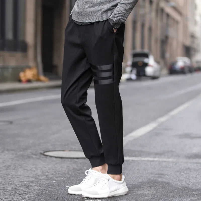Men's black sweatpants with triple lines, slim fit, drawstring waist, sizes S-5XL