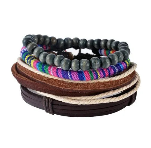 Handwoven adjustable leather bracelet with multilayer wooden beads and rope for a vintage punk style.