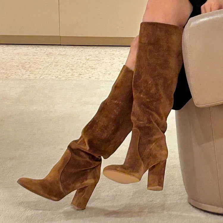 Suede pointed toe block heel ankle boots in black with oversleeve styling and 6-8CM high heel