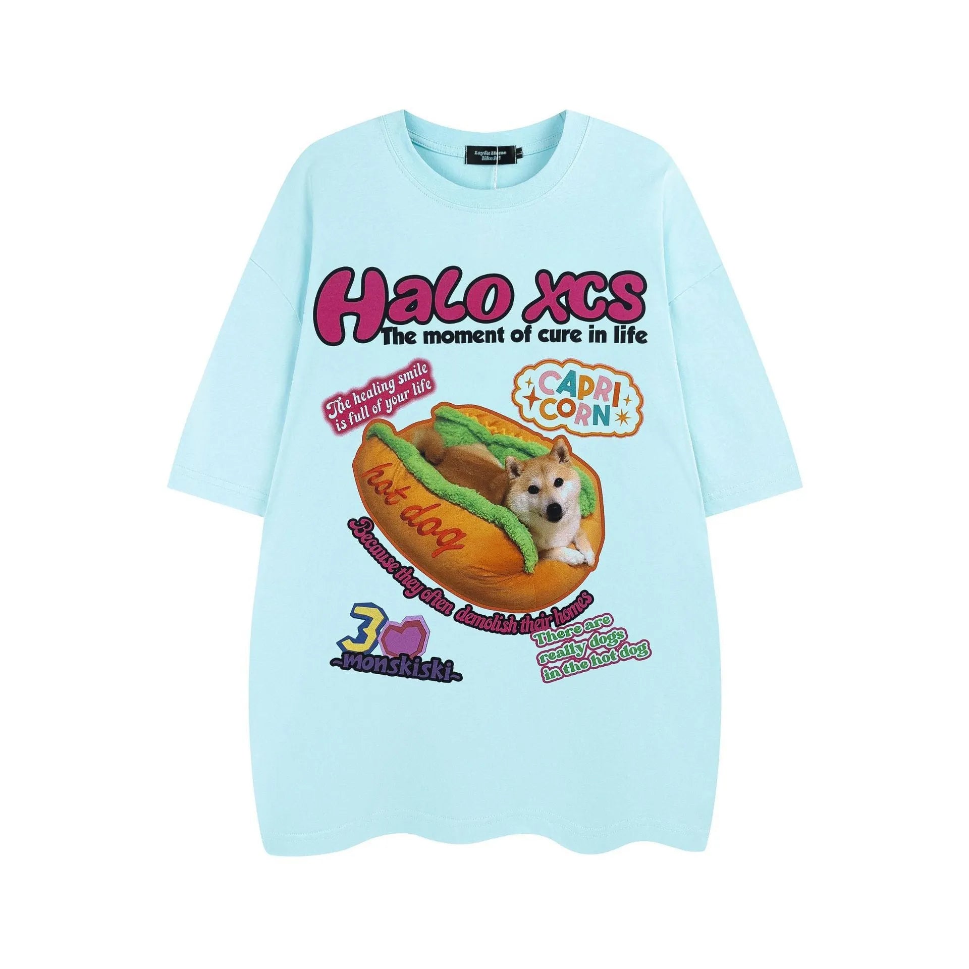 Cartoon hamburger dog printed cotton t-shirt in loose fit casual style with short sleeves