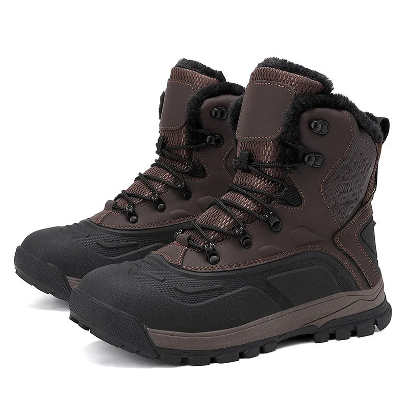 Men's black fleece-lined high-top lace-up boots with a flat heel and ribbed sole.