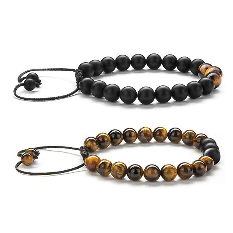 Geometric matte black agate couple bracelets for matching wear.