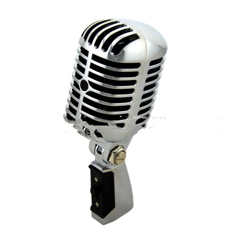 Gold all-metal dynamic handheld microphone on a stand.