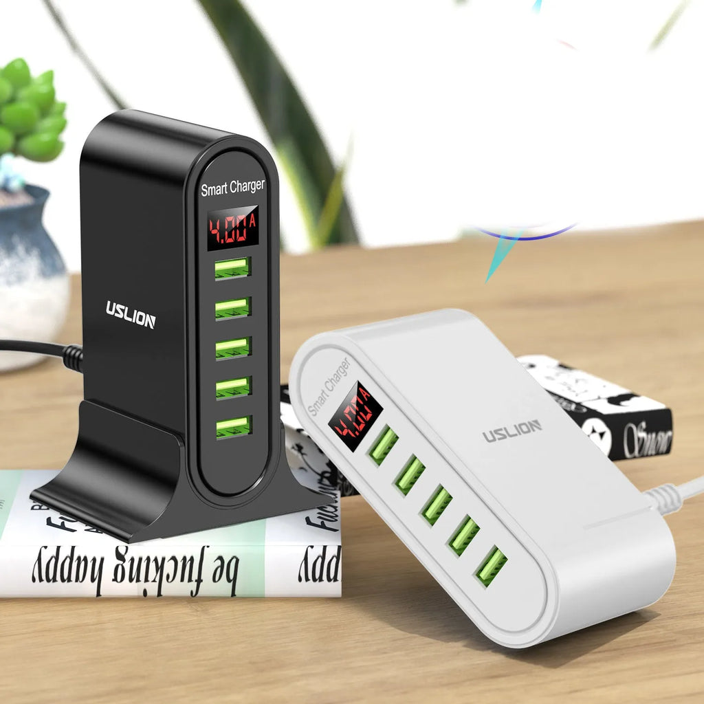 Black and white smart USB wall chargers with LED digital displays and UK plugs