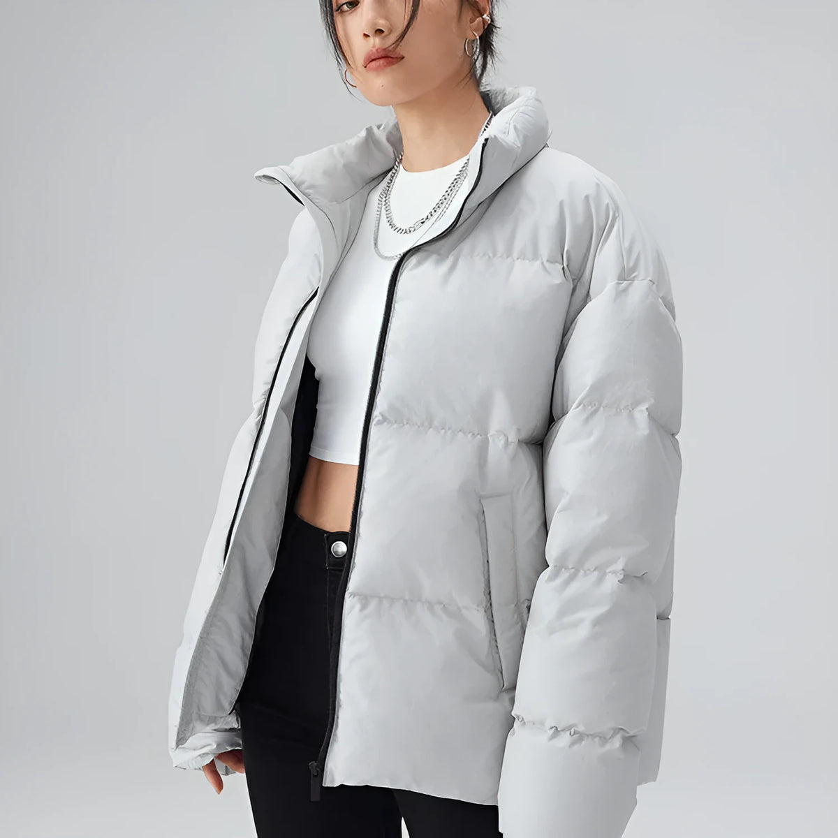 Men's short white duck down jacket with standing collar, 100% polyester shell, available in grey and black