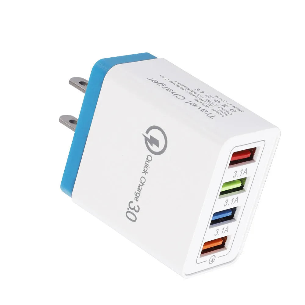 Dark Blue 4-port USB mobile phone charger with EU plug, showing dimensions and USB ports.