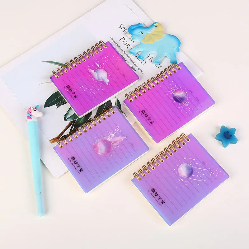 A7 spiral notebook with PP cover showing constellation design, spiral binding, and open page with square inner core