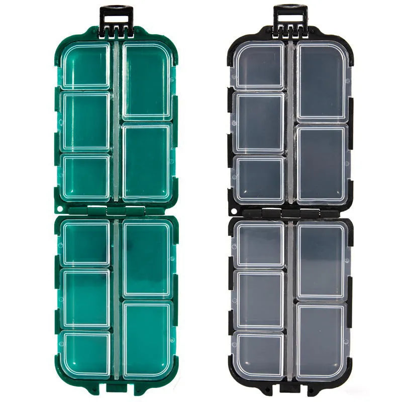 Plastic fishing tackle storage box with 10 compartments in black, blue, or green, dimensions 9.5x6.5x3cm.
