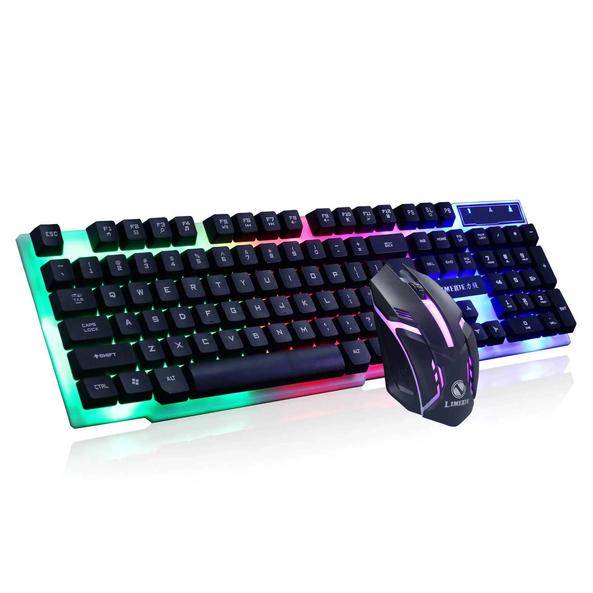 Limei GTX300 white and black gaming keyboard and mouse set with backlit keys on a desk