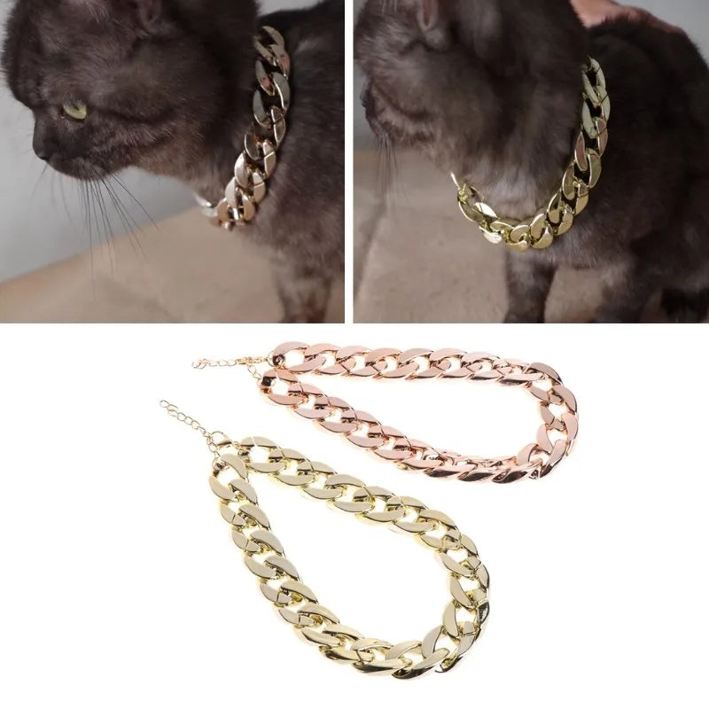 Thick gold chain plated plastic pet necklace on a puppy, lightweight hiphop style safety collar with rose golden finish