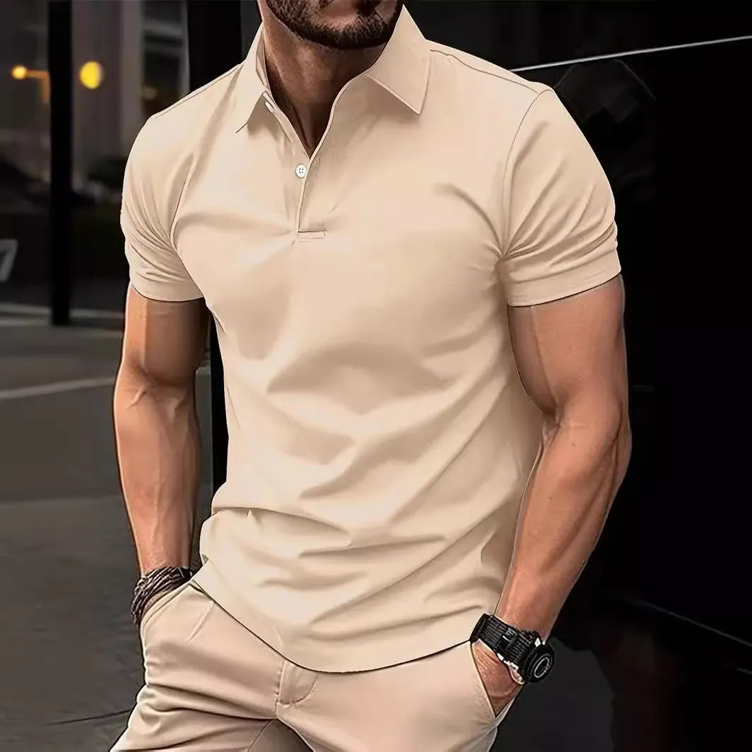 Men's solid colour short sleeve button-down shirt in slim fit on a hanger.
