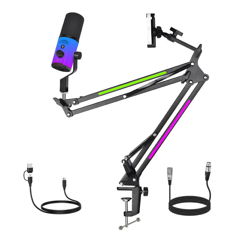 ZX777 moving coil microphone with USB XLR dual-mode interface, noise reduction, and ZX777RGB bracket type