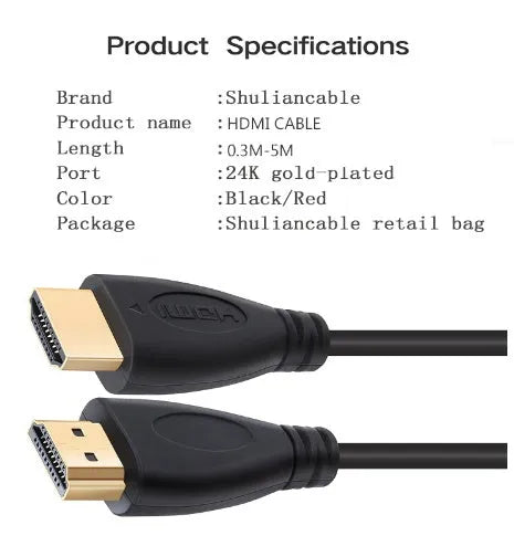 Gold-plated HDMI cable with male plugs shown at various lengths.