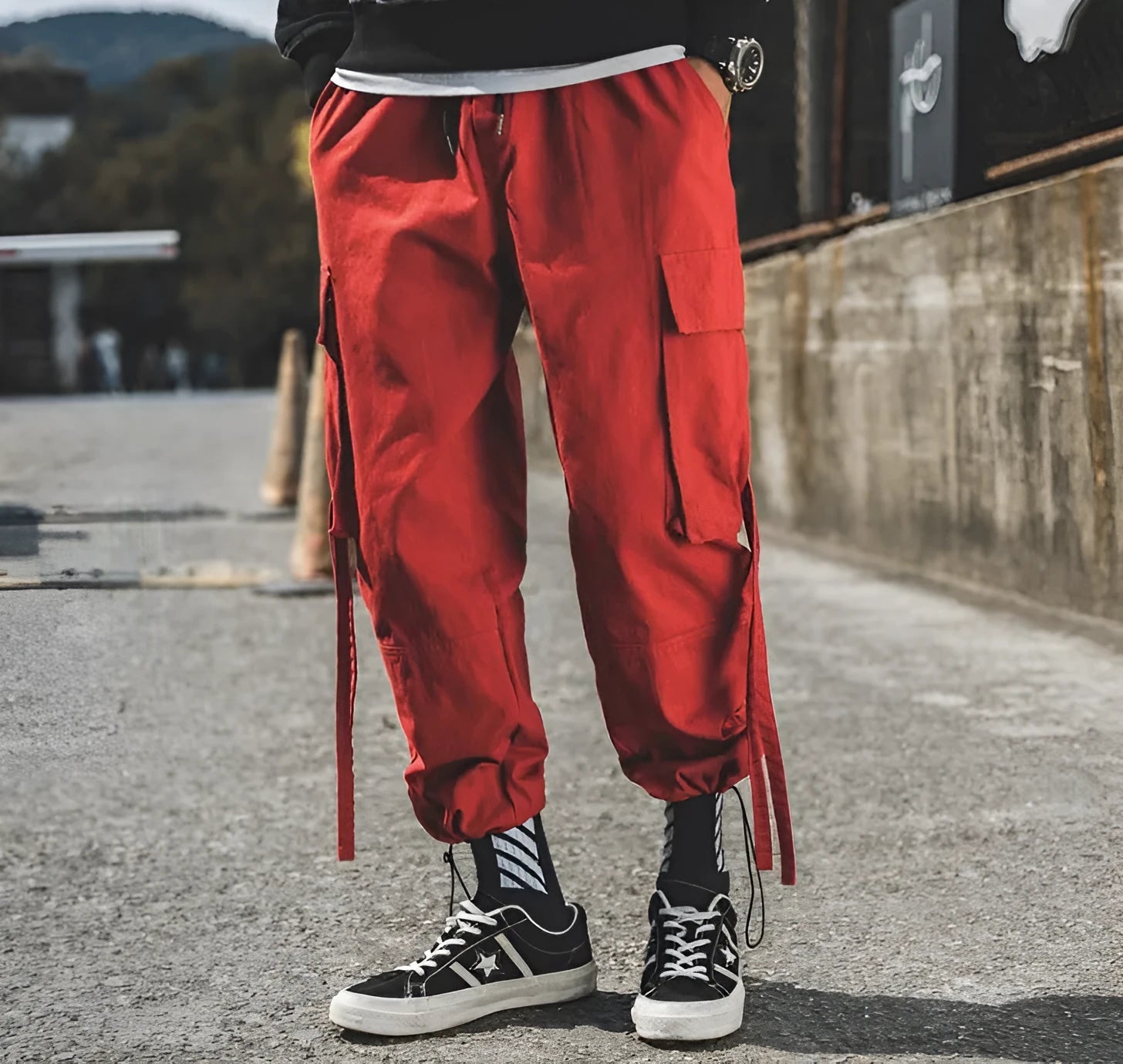 Ribbon Cargo Pants with elasticated waistband and pockets in Black, Gray, and Red colour options