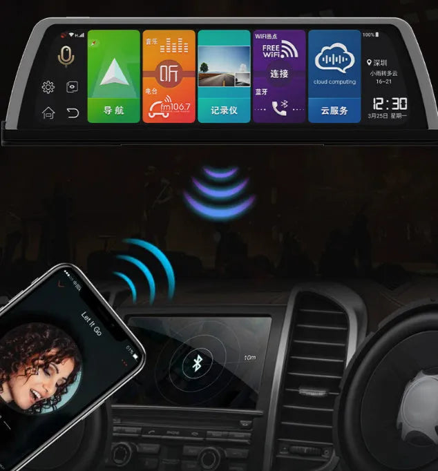 10-inch black plastic smart navigation driving recorder with touch screen, GPS, Bluetooth, front and rear video and car plug.