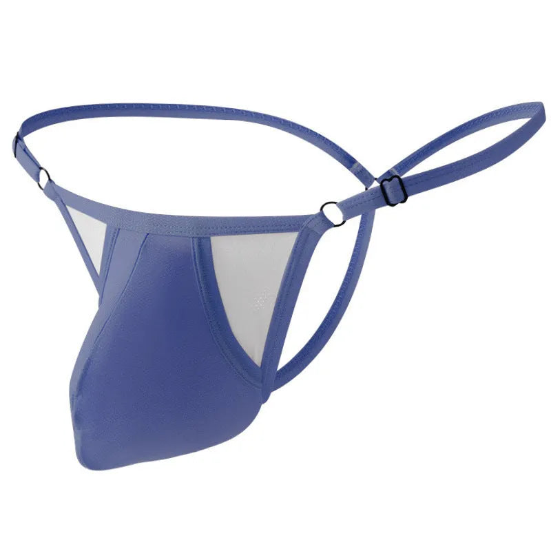 Men's geometric pattern ice silk T-back underwear in light purple colour, showing thin straps and adjustable waistband.