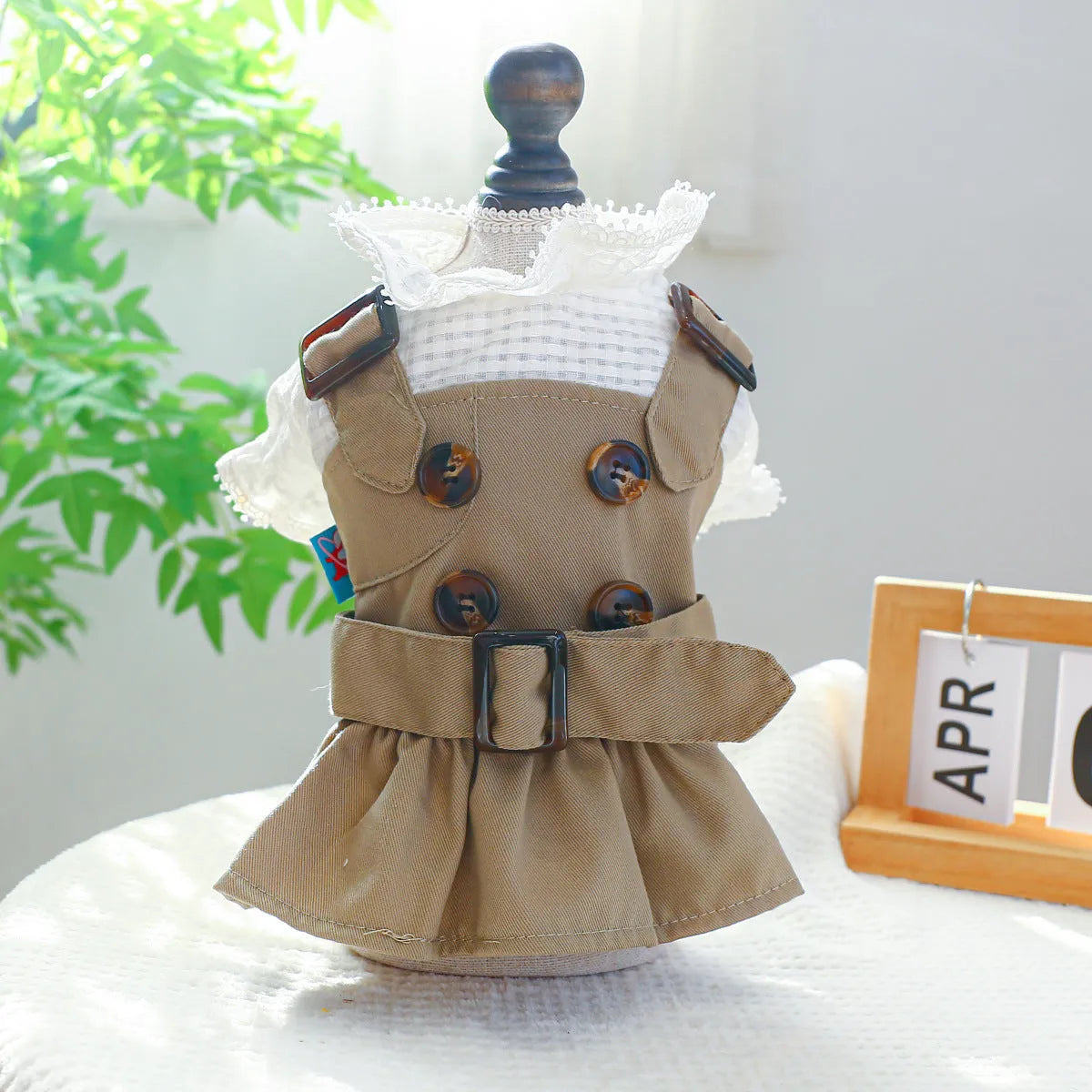 Khaki polyester trench coat pet clothing for dogs on white background