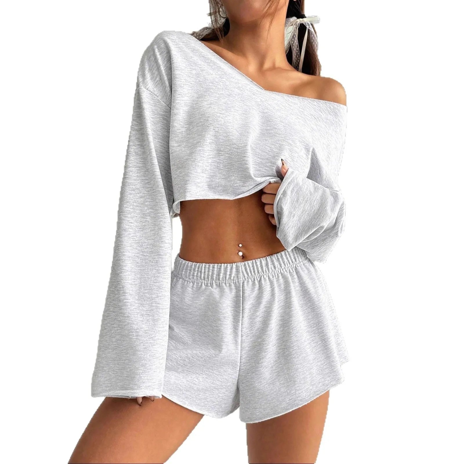 Women's gray cotton long-sleeve blouse and shorts suit set on flat lay