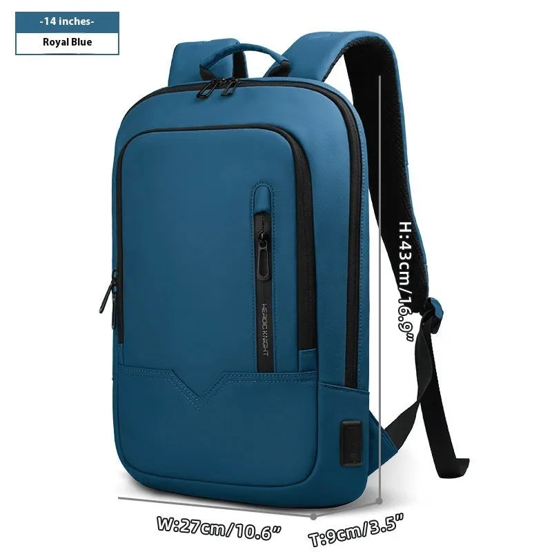 Men's lightweight polyester laptop backpack with USB port in black, shown in 14-inch size.